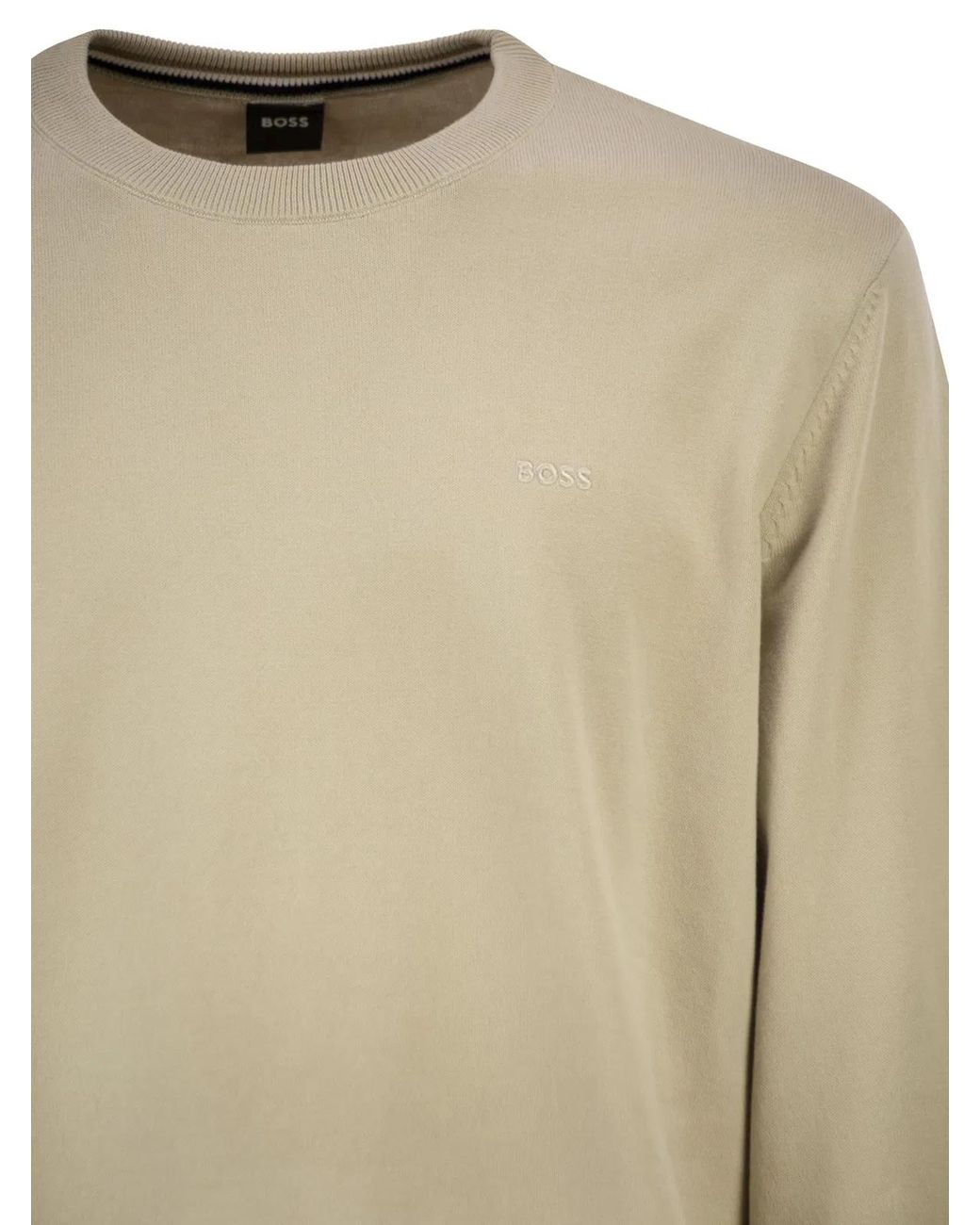 Boss Natural Cotton Crew Neck Sweater With Embroidered Logo for men