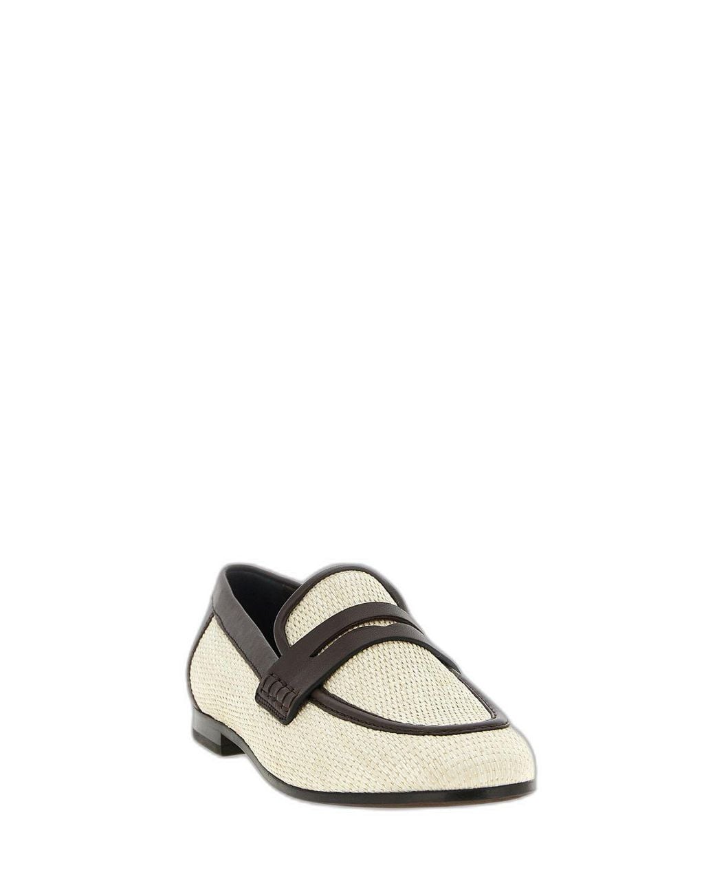 Brunello Cucinelli White Two-Tone Leather And Raffia Loafers