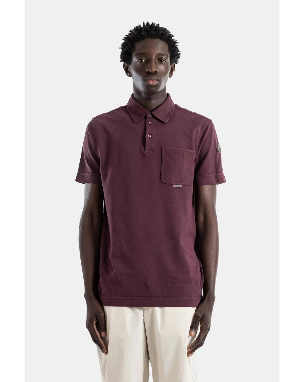 Moncler Purple Polo Coton Piqué Bordeaux Lavé Poche Poitrine Logo Métal for men