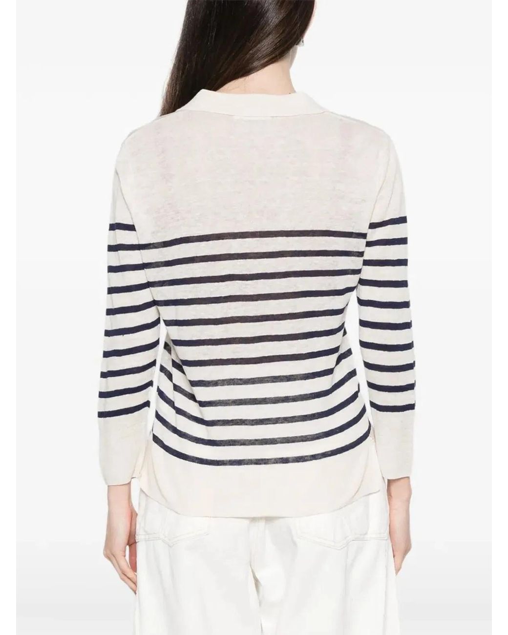 Majestic White Oversized Linen 100 Stripes Polo Shirt