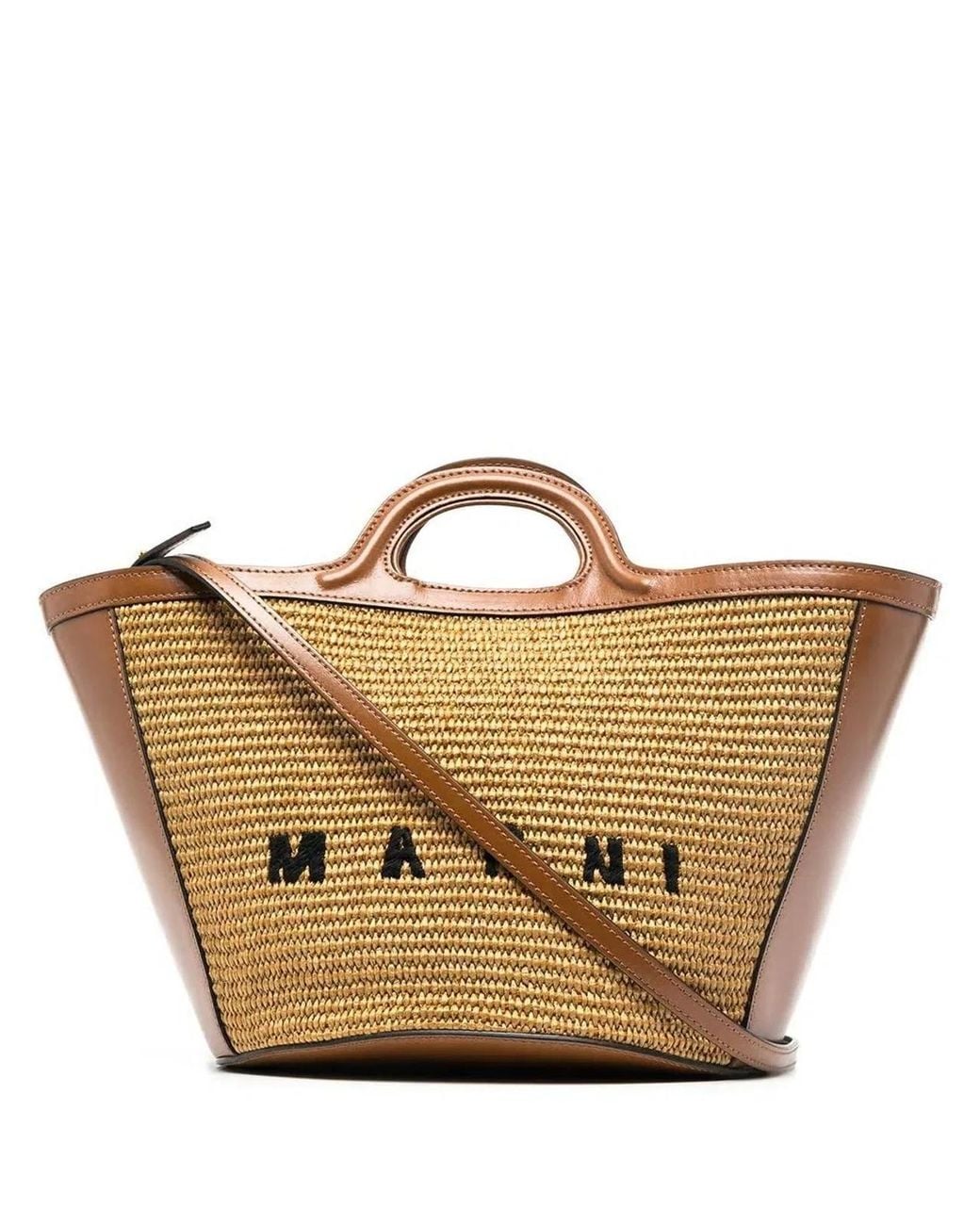 Marni Brown Two-Tone Leather And Raffia Small Tropicalia Summer Handbag