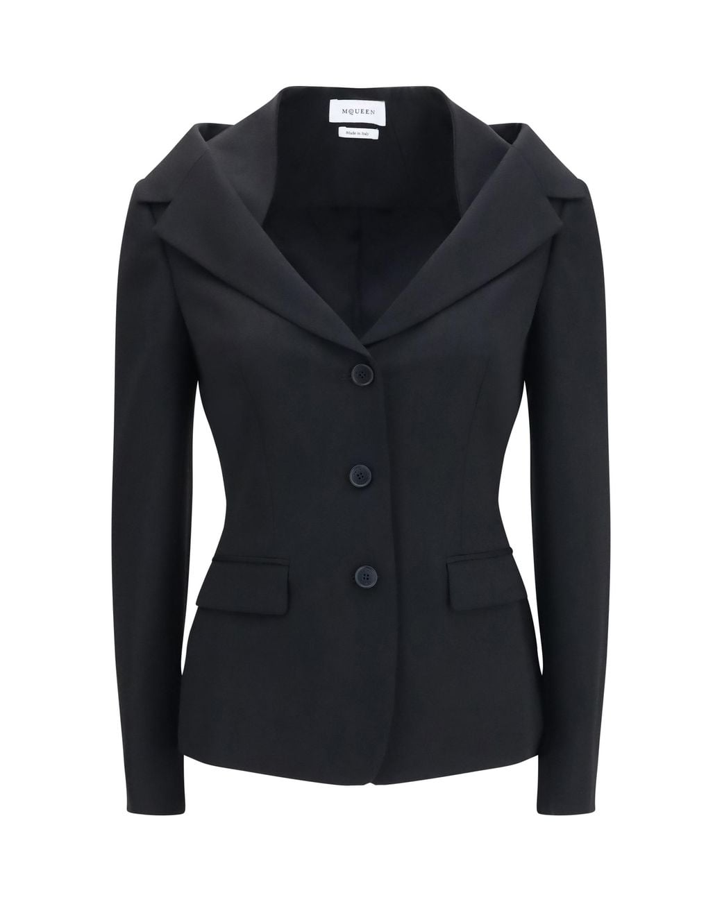 McQueen Black Structured Off-Shoulder Jacket With Harness Details Merino Wool Ovis Aries