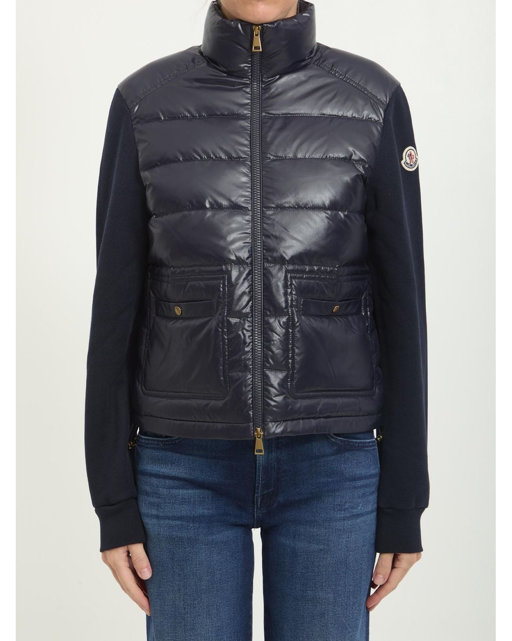 Moncler Blue Cotton Zip-Up Sweatshirt With Nylon Front