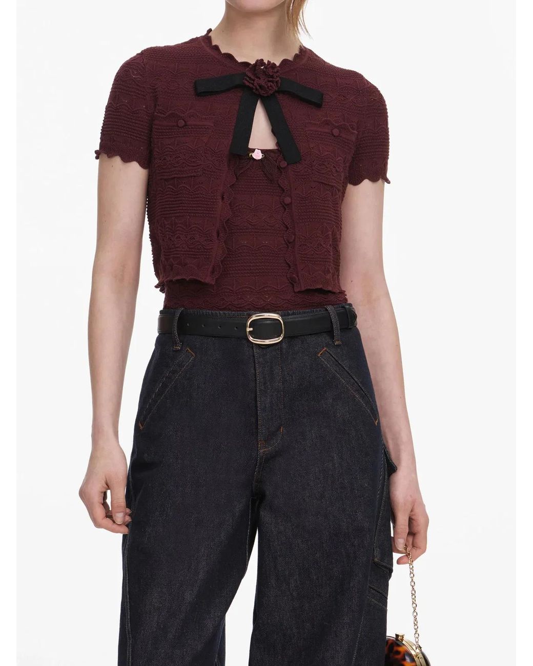 Self-Portrait Brown Pointelle Knit Top