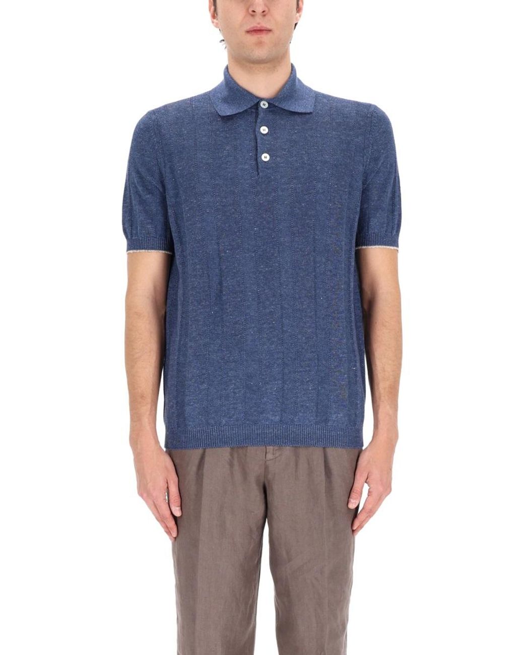 Brunello Cucinelli Blue Linen Knit Polo Shirt for men