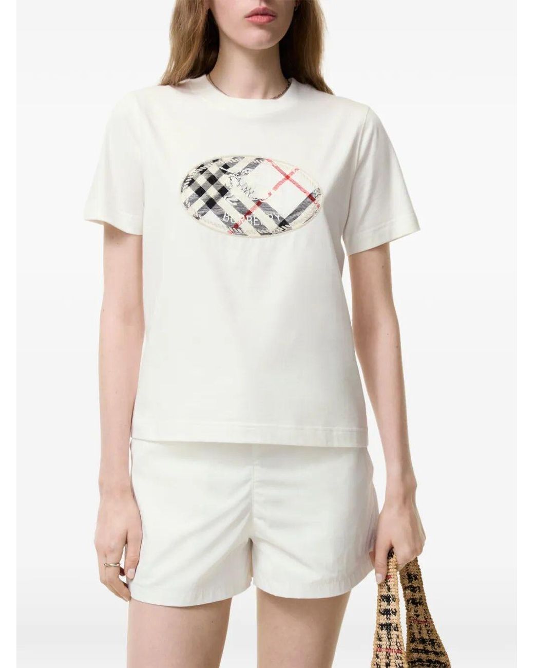 Burberry White Knight Stamp Check Cotton T-Shirt