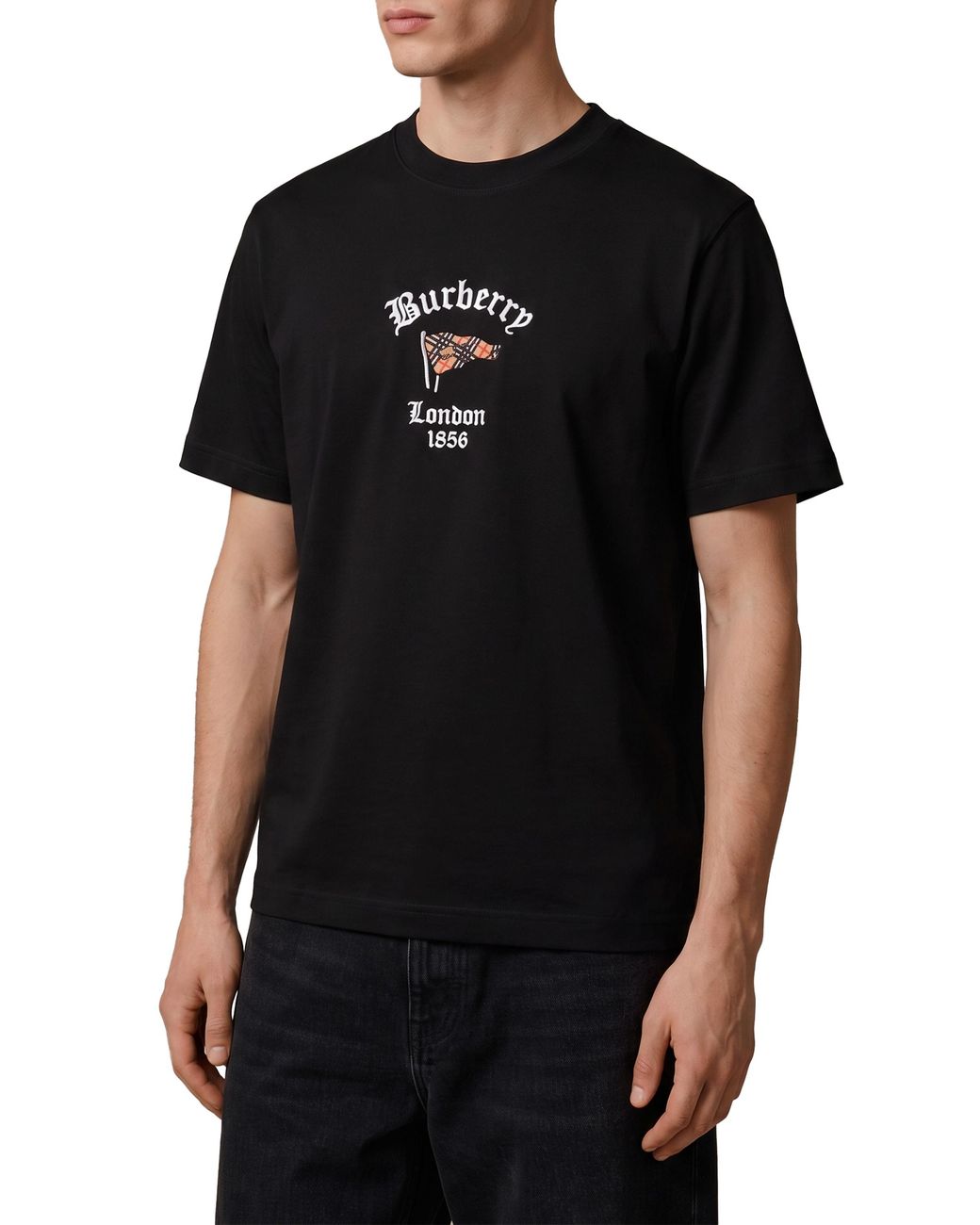 Burberry Black Cotton T-Shirt With Check Flag for men