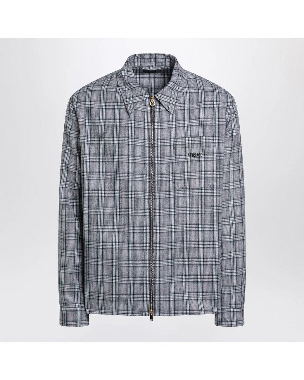 Versace Blue Light Zipup Checked Shirt for men
