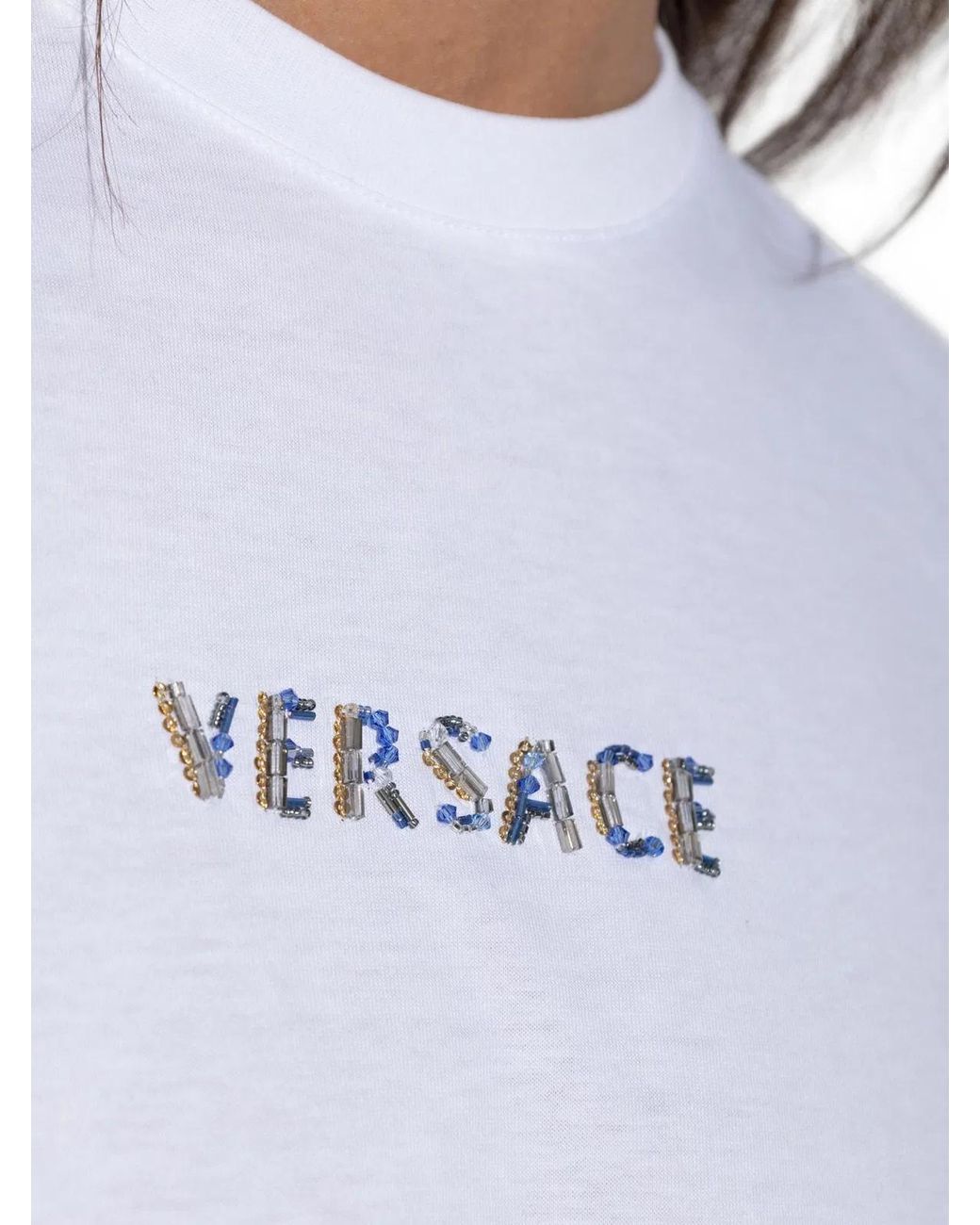 Versace Blue Bead-Embellished Logo T-Shirt