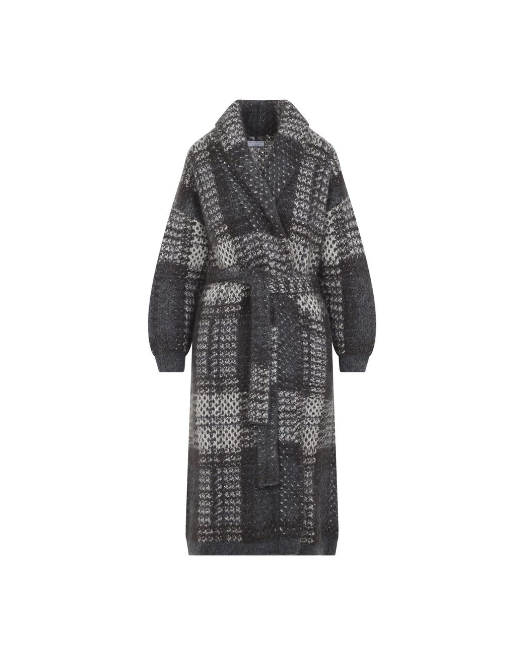 Brunello Cucinelli Gray Avorio Piombo Macrocheck Cardigan Coat