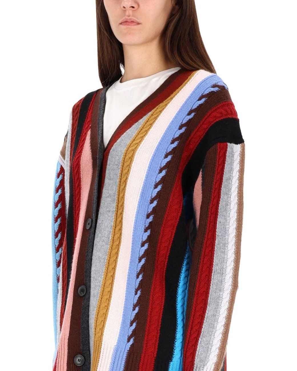 Paul Smith Red Cable Knit Vertical Stripe Cardigan