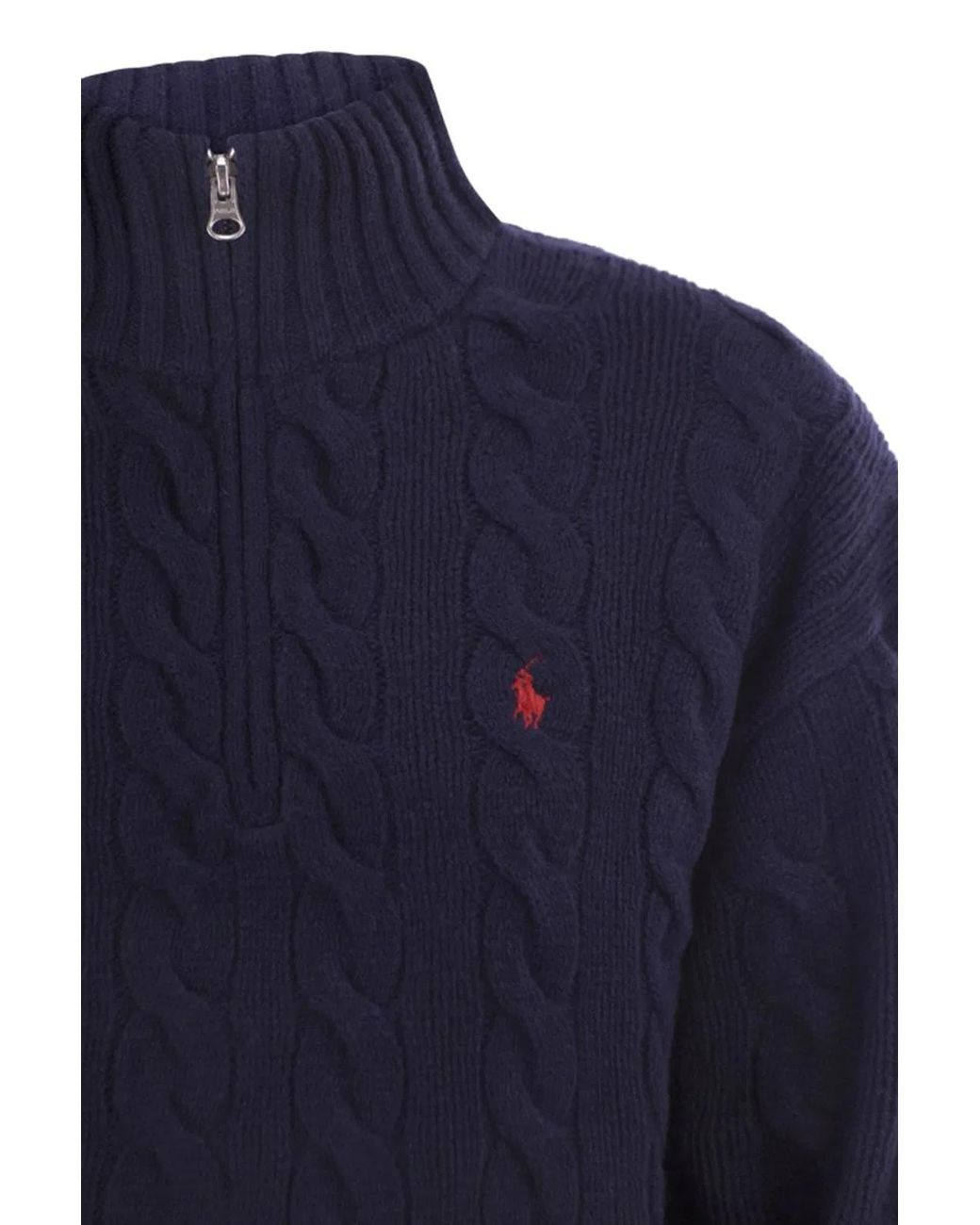 Polo Ralph Lauren Blue Wool And Cashmere Cable-Knit Half-Zip Sweater