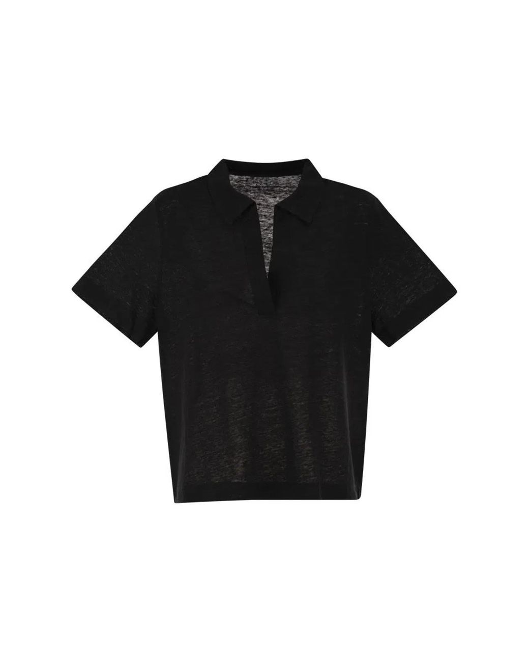 Majestic Black Cropped Linen Stretch Polo With V-Neck