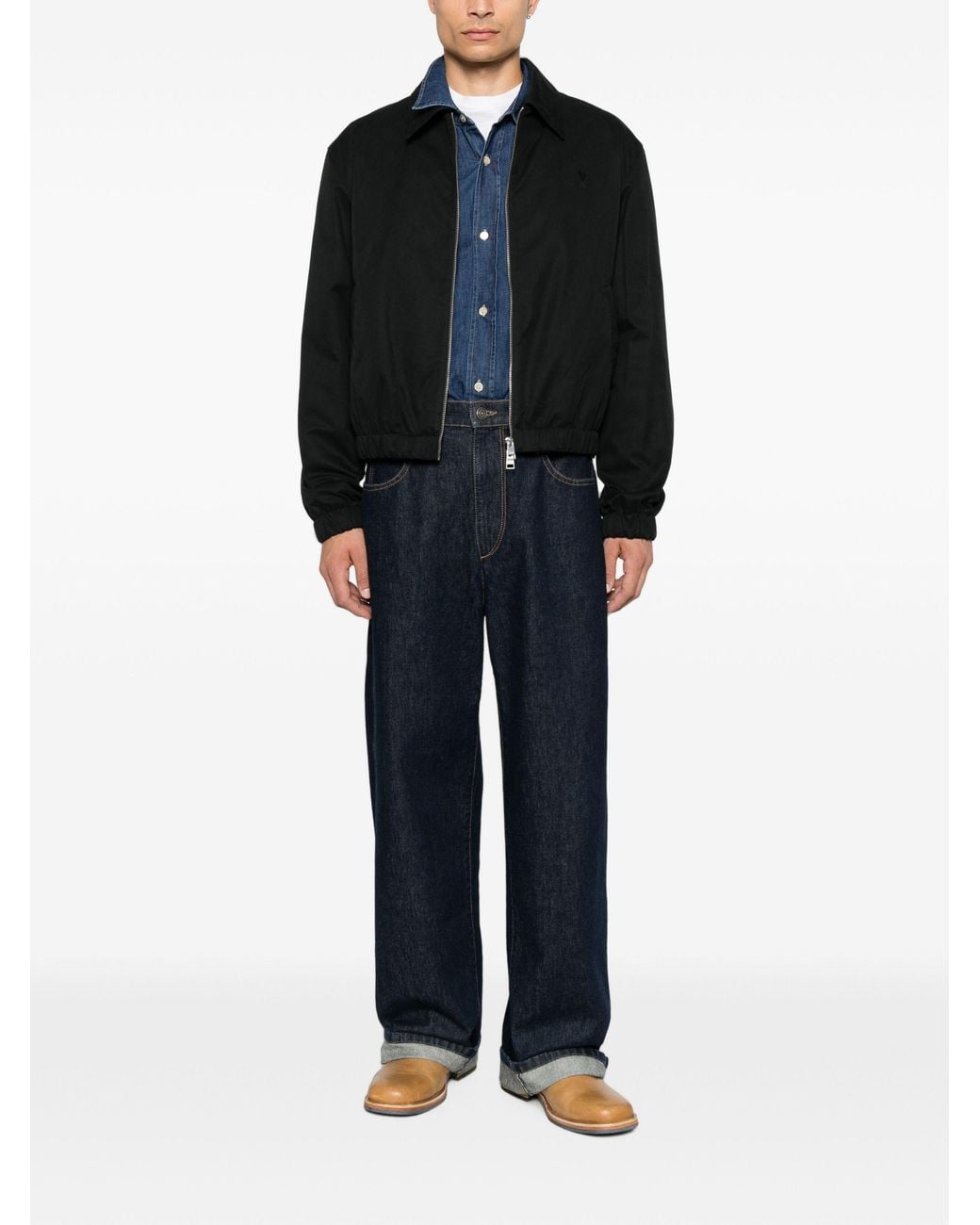 AMI Black Cropped Jacket With Classic Collar And Embroidered Logo for men