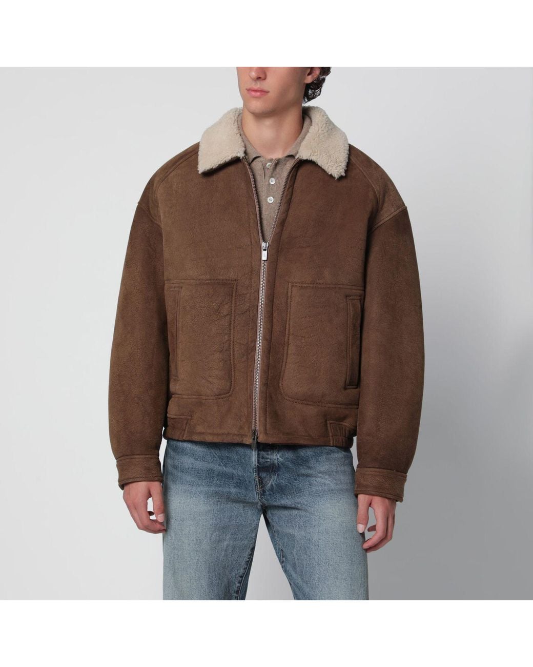 Salvatore Santoro Brown Coffee Shearling Jacket With Zip for men
