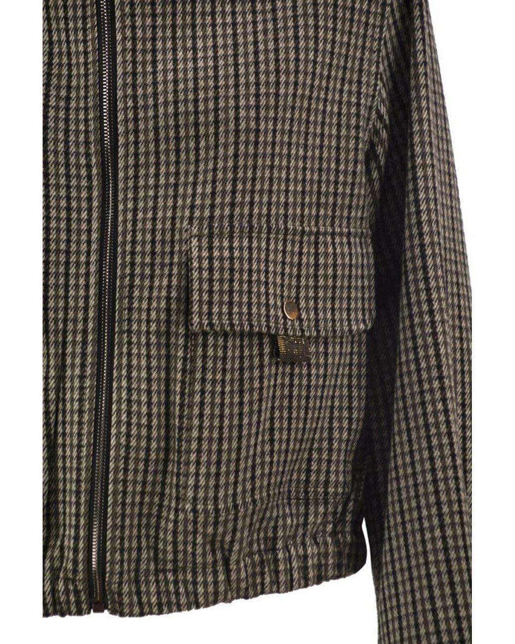 Fabiana Filippi Brown Short Houndstooth Bomber Jacket With Genuine Leather Collar
