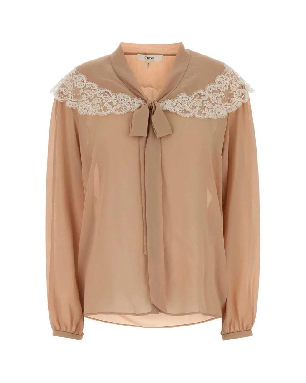 Chloé Natural Lace-Trim Tie-Neck Shirt