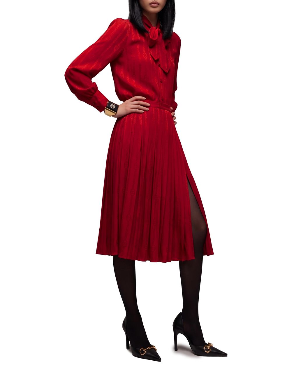Gucci Red Interlocking G Chain Silk Jacquard Midi Skirt
