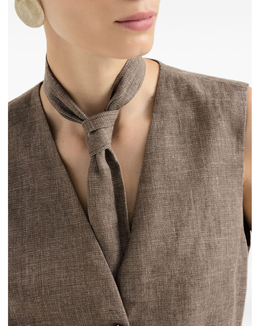 Brunello Cucinelli Natural Sparkling Linen Gilet With Lavallière