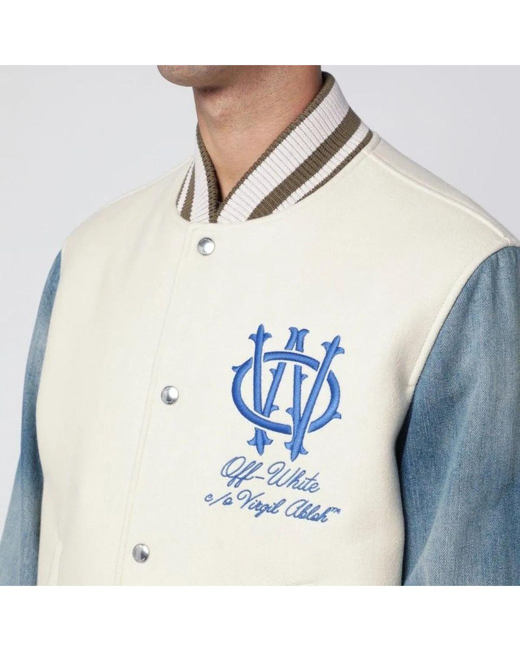 Off-White c/o Virgil Abloh Gray Ivory Bomber Jacket With Denim Sleeves for men