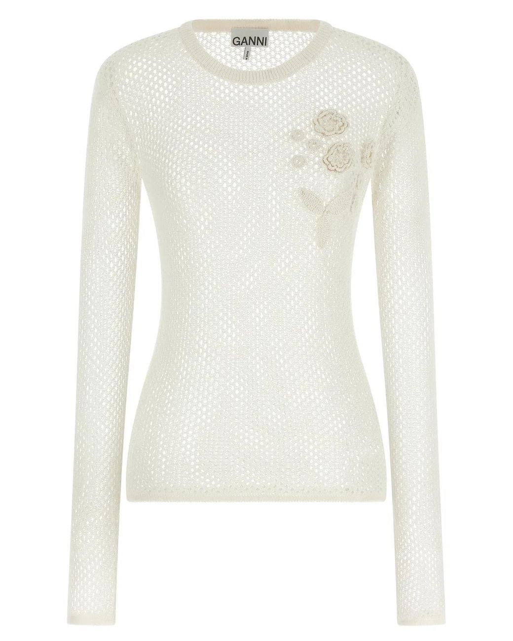 Ganni White Pointelle Cotton Sweater