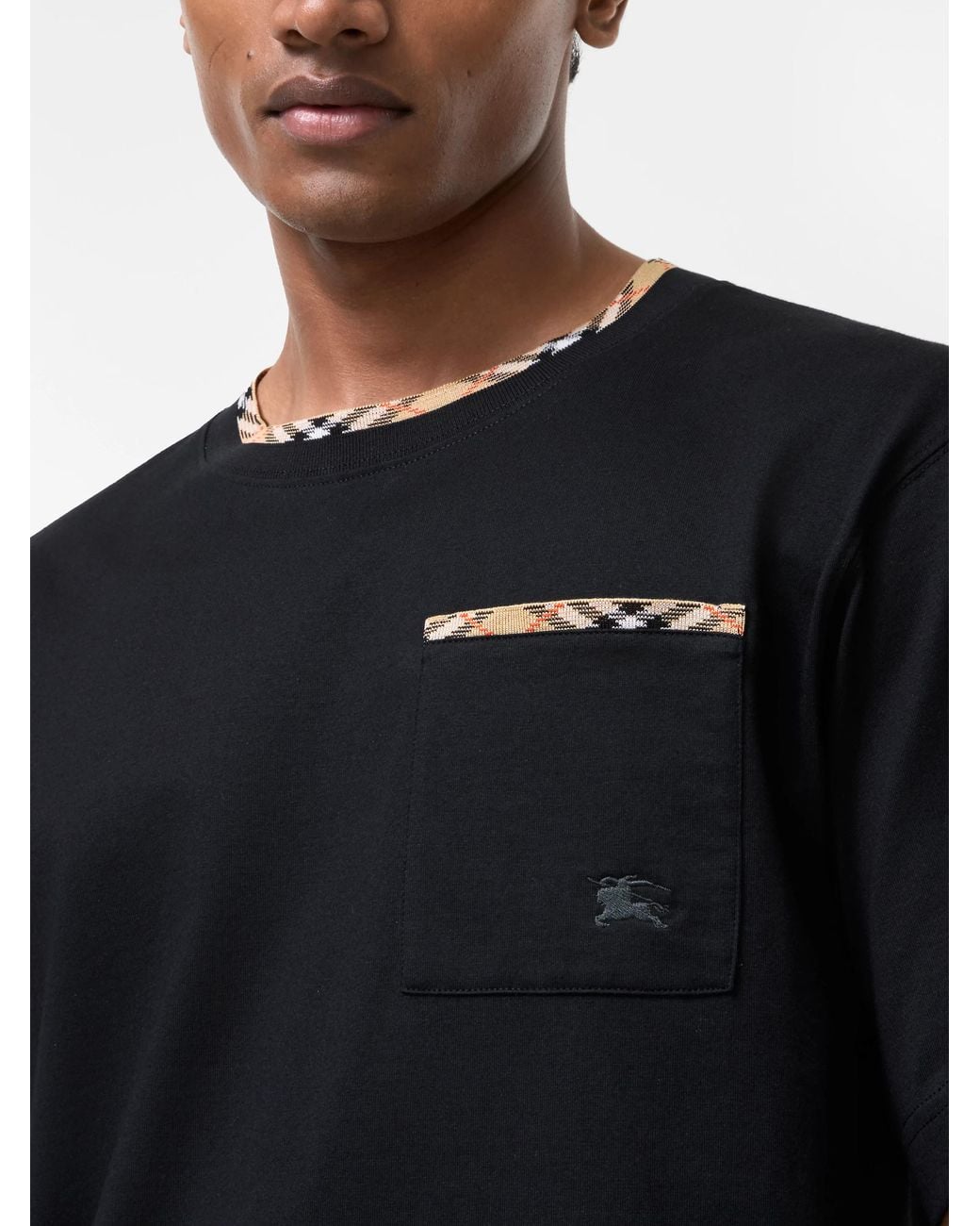 Burberry Black Cotton T-Shirt With Check Trims for men