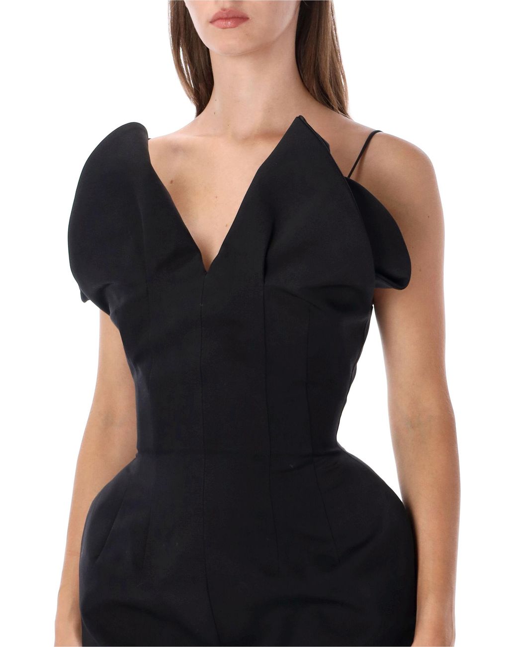 Magda Butrym Black Mini Fitted Dress With Deep V-Neck And Cold Shoulder Sleeves