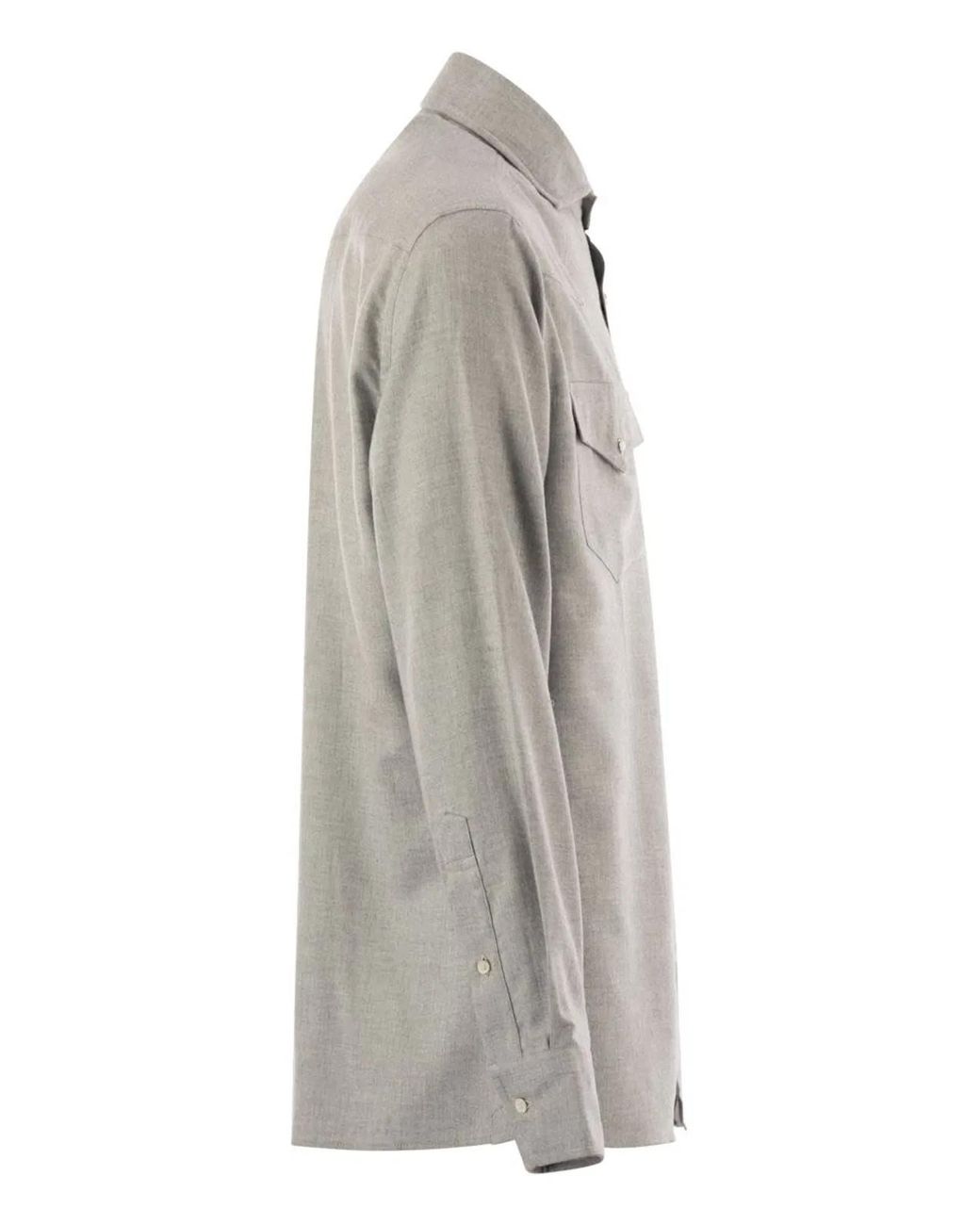 Brunello Cucinelli Gray Stretch Cotton Chevron Flannel Easy Fit Shirt With Snap Buttons, Epaulettes And Pockets for men