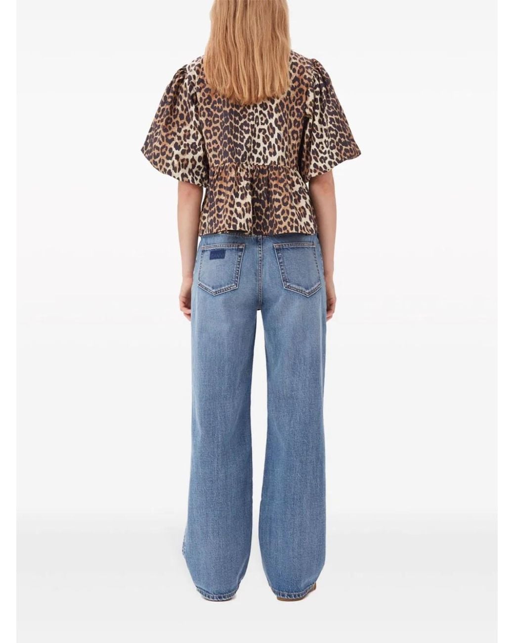 Ganni White Leopard Peplum Tie Blouse