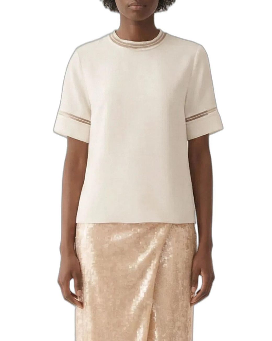 Fabiana Filippi Natural Short-Sleeved Silk Satin Blouse With Transparent Inserts
