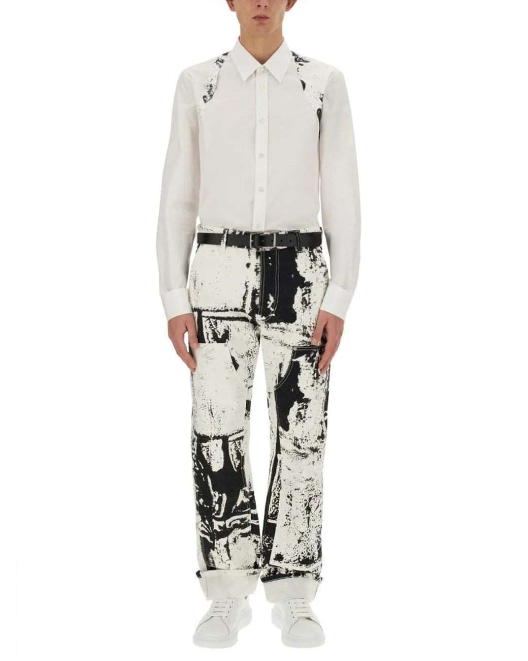 McQueen Black Workwear Jeans With Fold Print for men