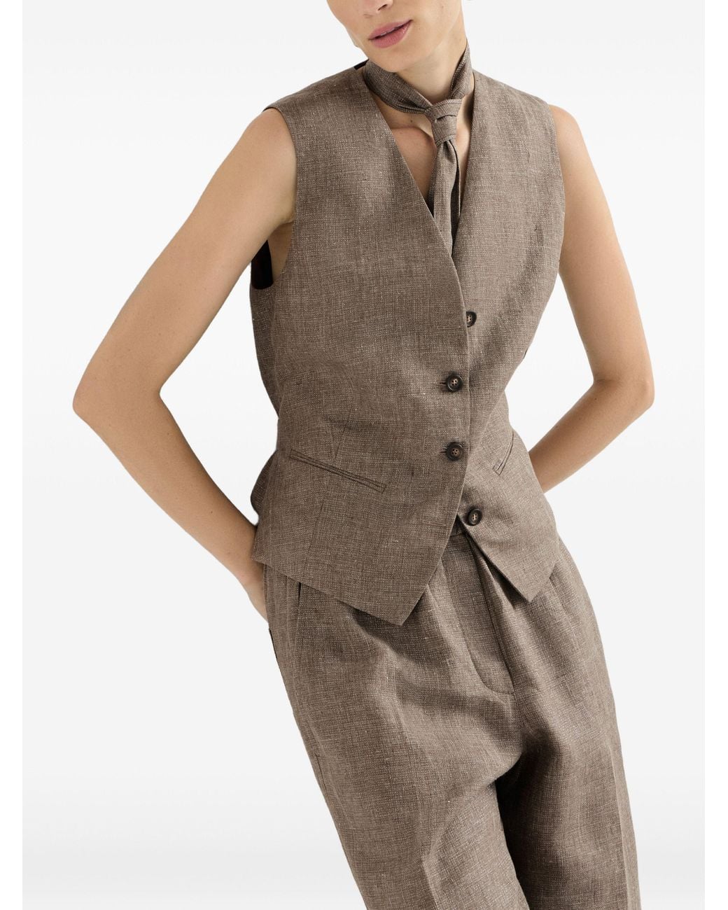Brunello Cucinelli Natural Sparkling Linen Gilet With Lavallière