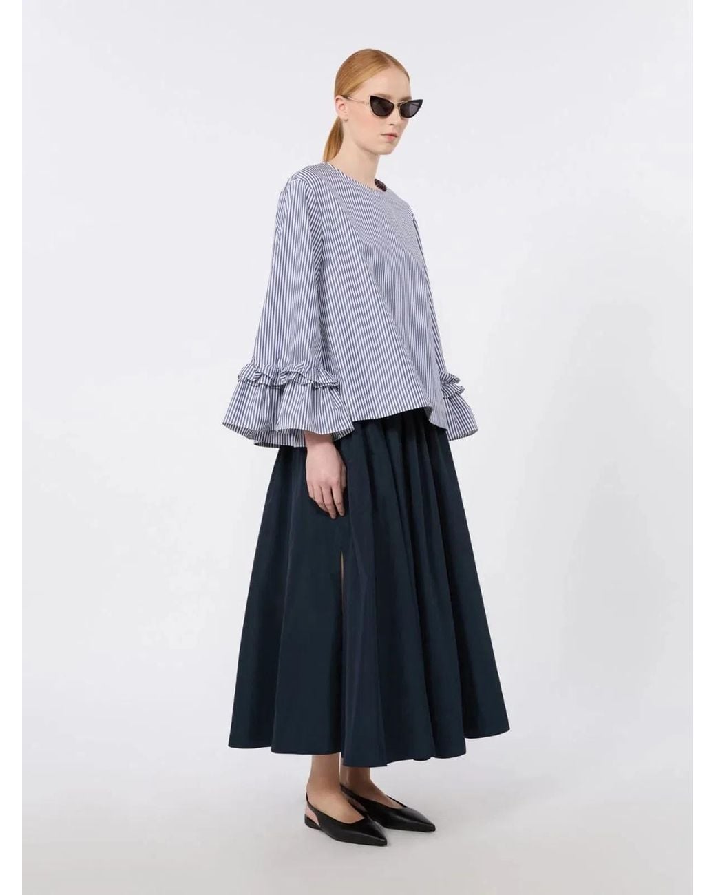 Max Mara Blue Poplin Blouse With Ruffles And Flounces