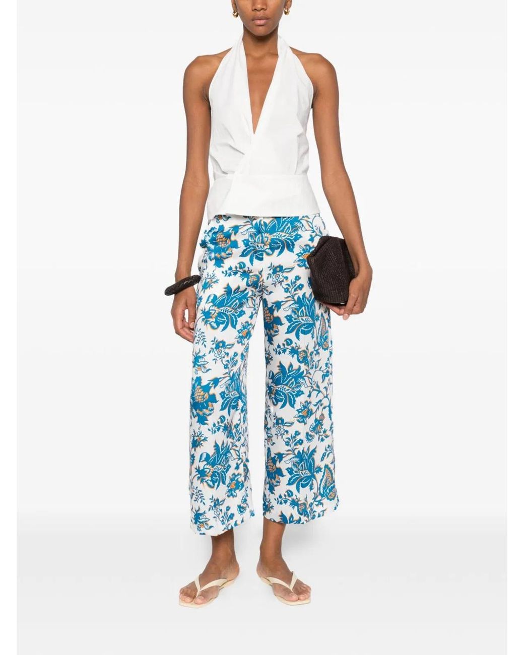 Etro Blue Floral Print Trousers, Wide Leg