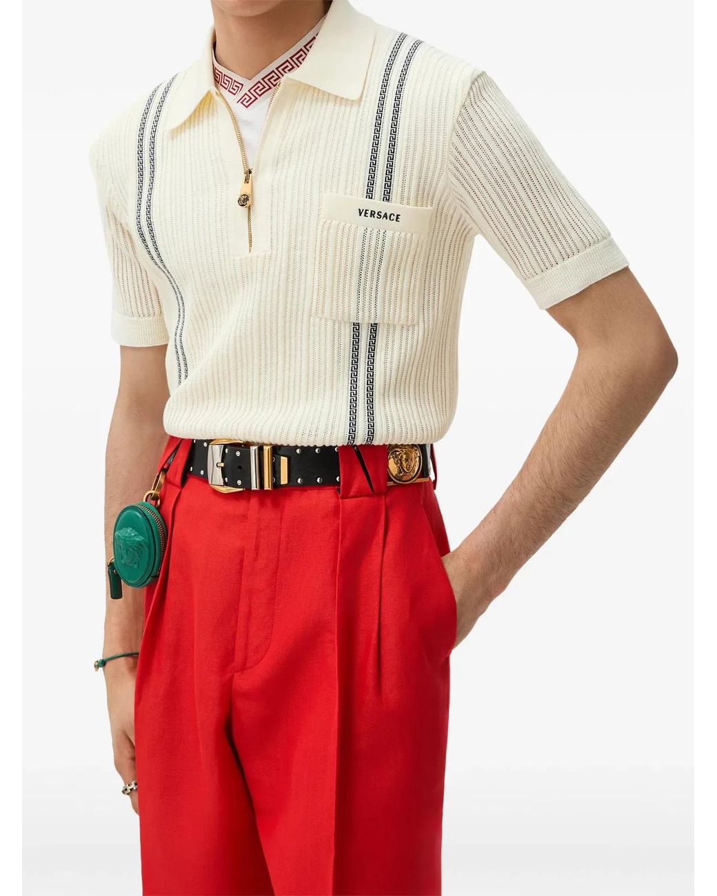 Versace White Cotton Jacquard Knit Polo Shirt With Embroidered Logo for men