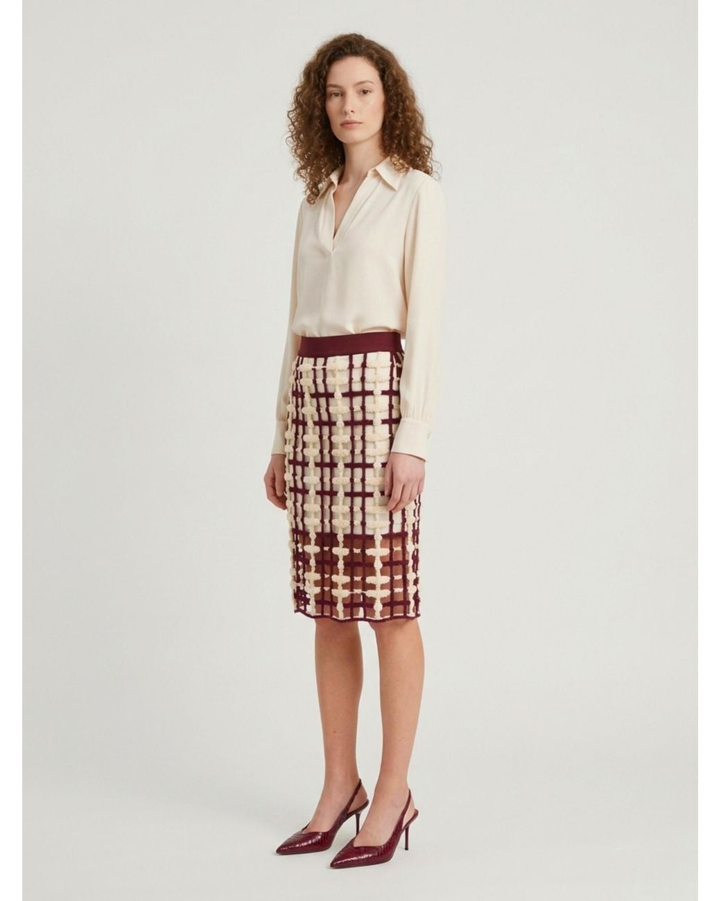 SUTTON NEW YORK White Burgundy Mesh Midi Skirt