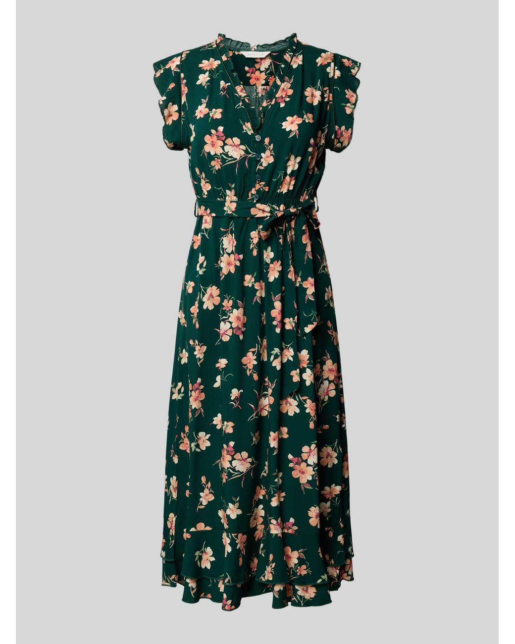 Apricot Jurk Van Viscose Met Strikceintuur En Volantzoom in het Green
