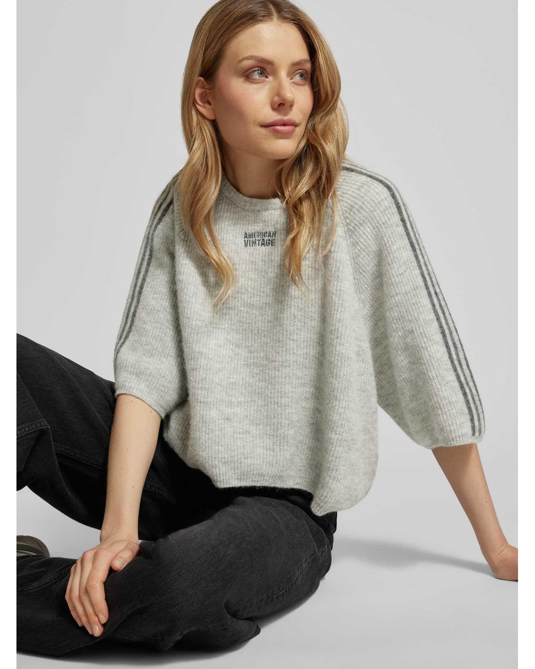 American Vintage Kort Gebreid Trui Van Wol-Alpaca-Mix Model 'Vitow' in het Gray