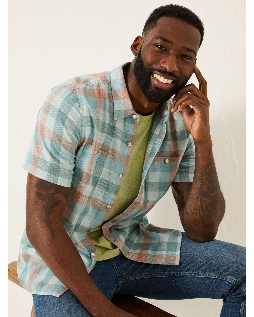 FatFace Blue Short Sleeve Port Check Shirt for men
