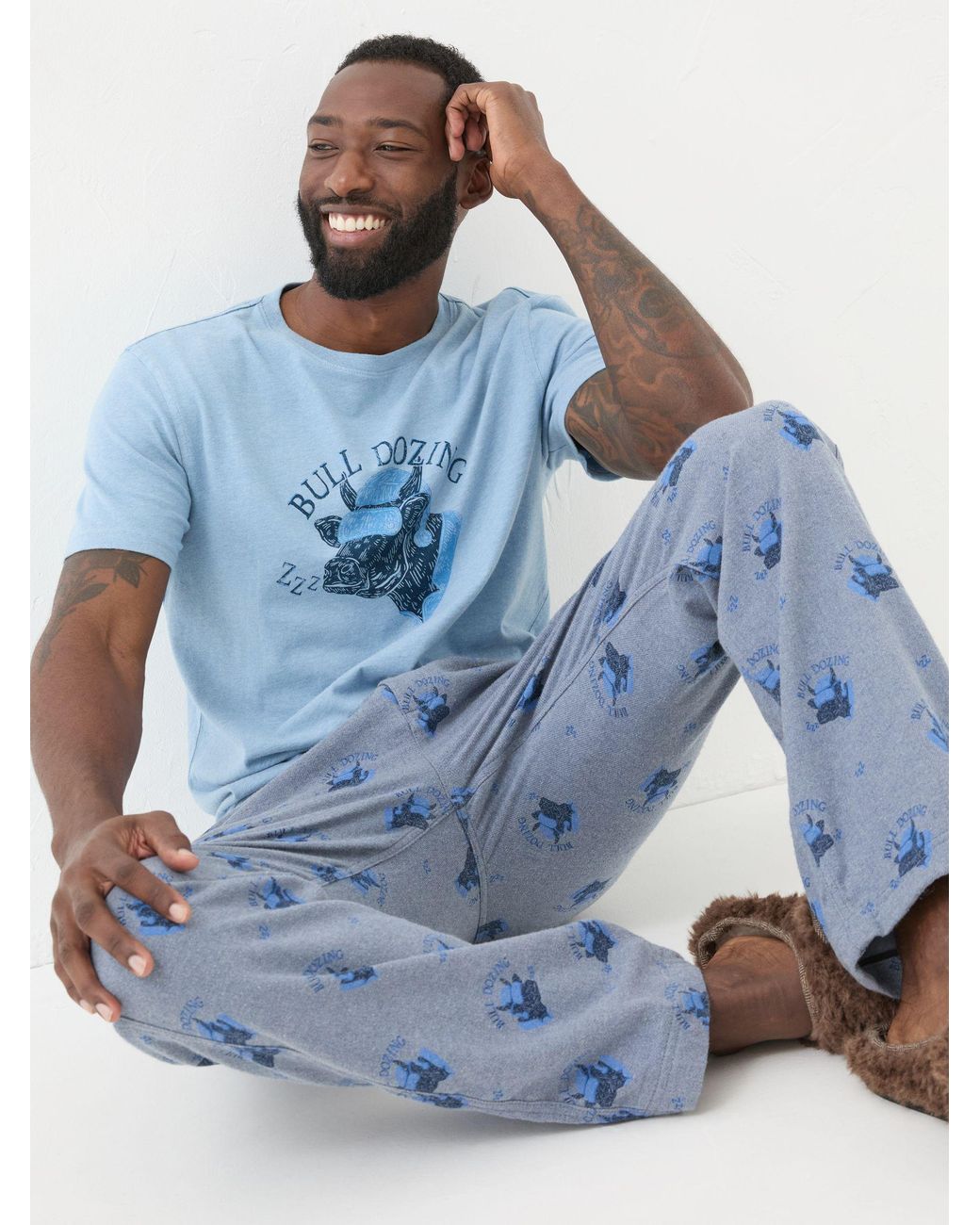 FatFace Blue Bull Dozing Pyjama Bottoms for men