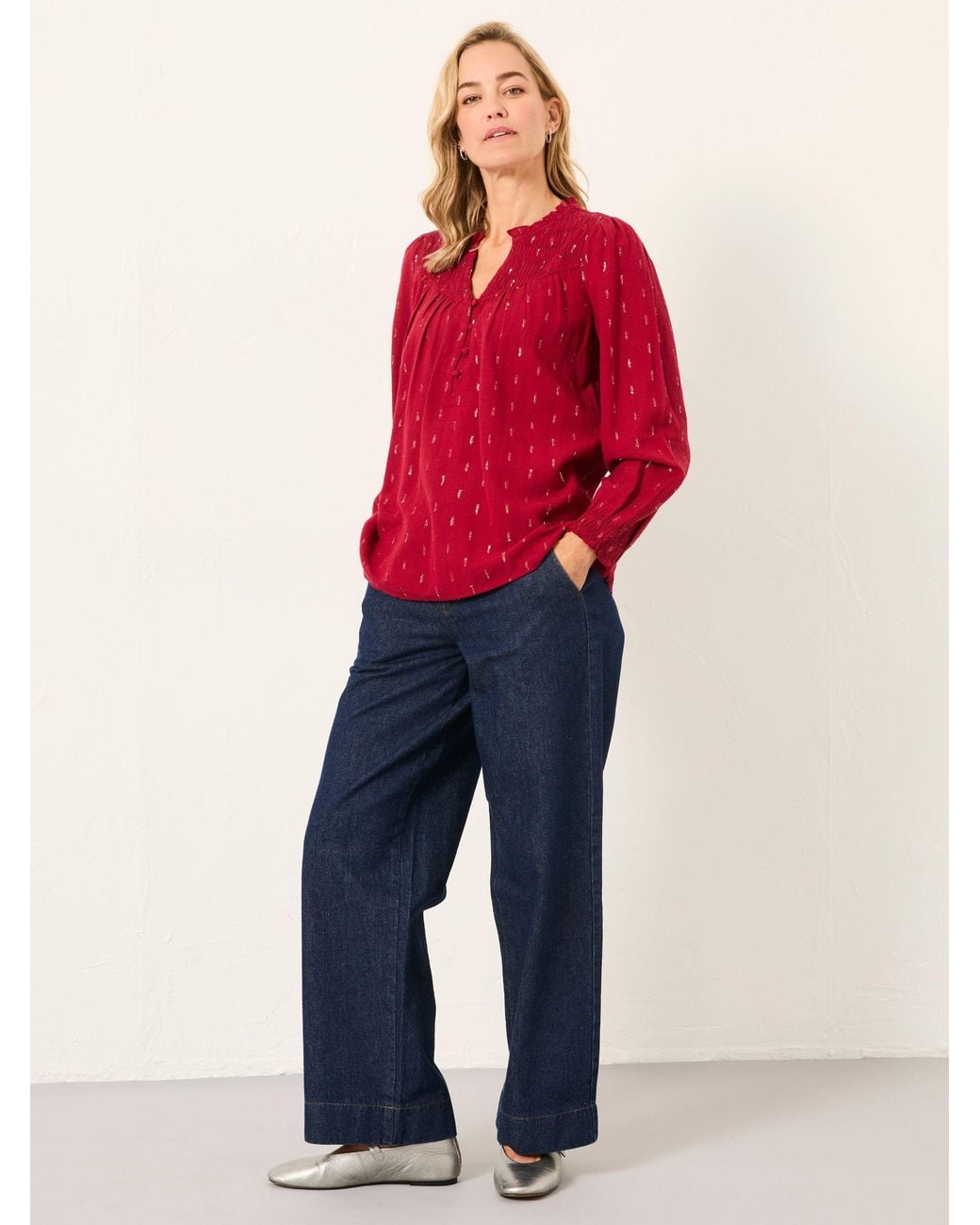 FatFace Red Elsbeth V-Neck Blouse