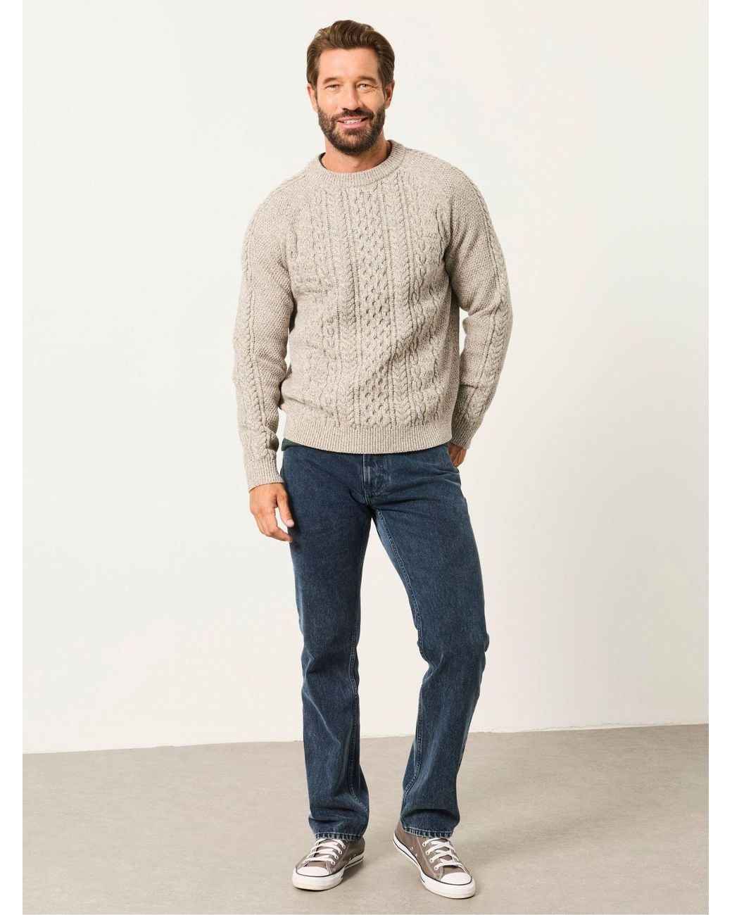 FatFace Natural Penton Knitted Cable Crew Jumper for men
