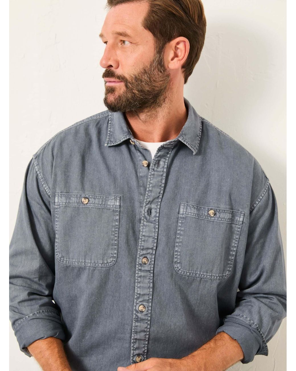FatFace Gray Long Sleeve Relaxed Fit Garment Dye Utility Shirt for men