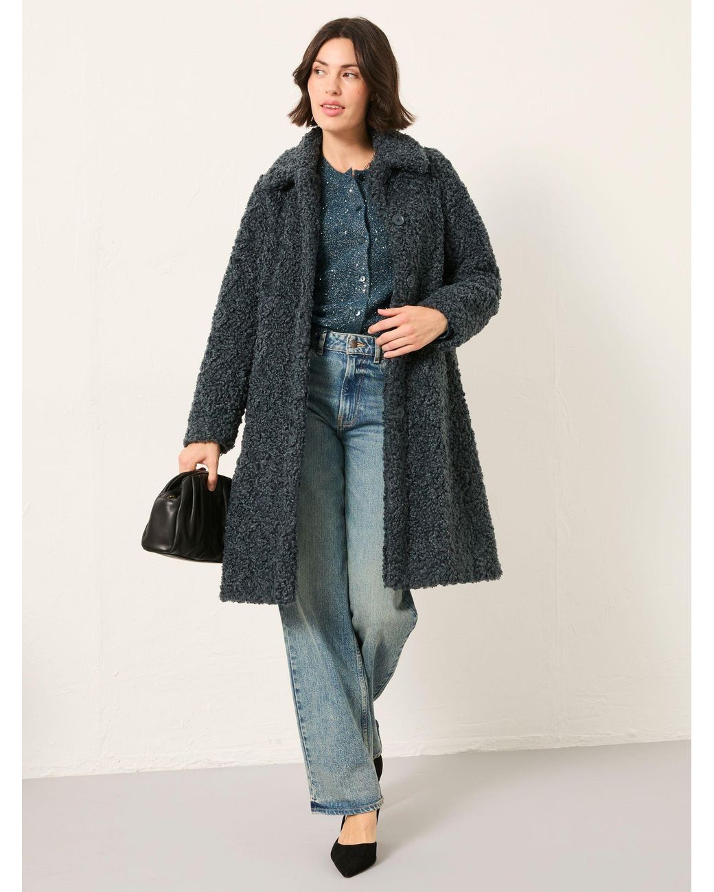 FatFace Blue Bianca Longline Teddy Coat