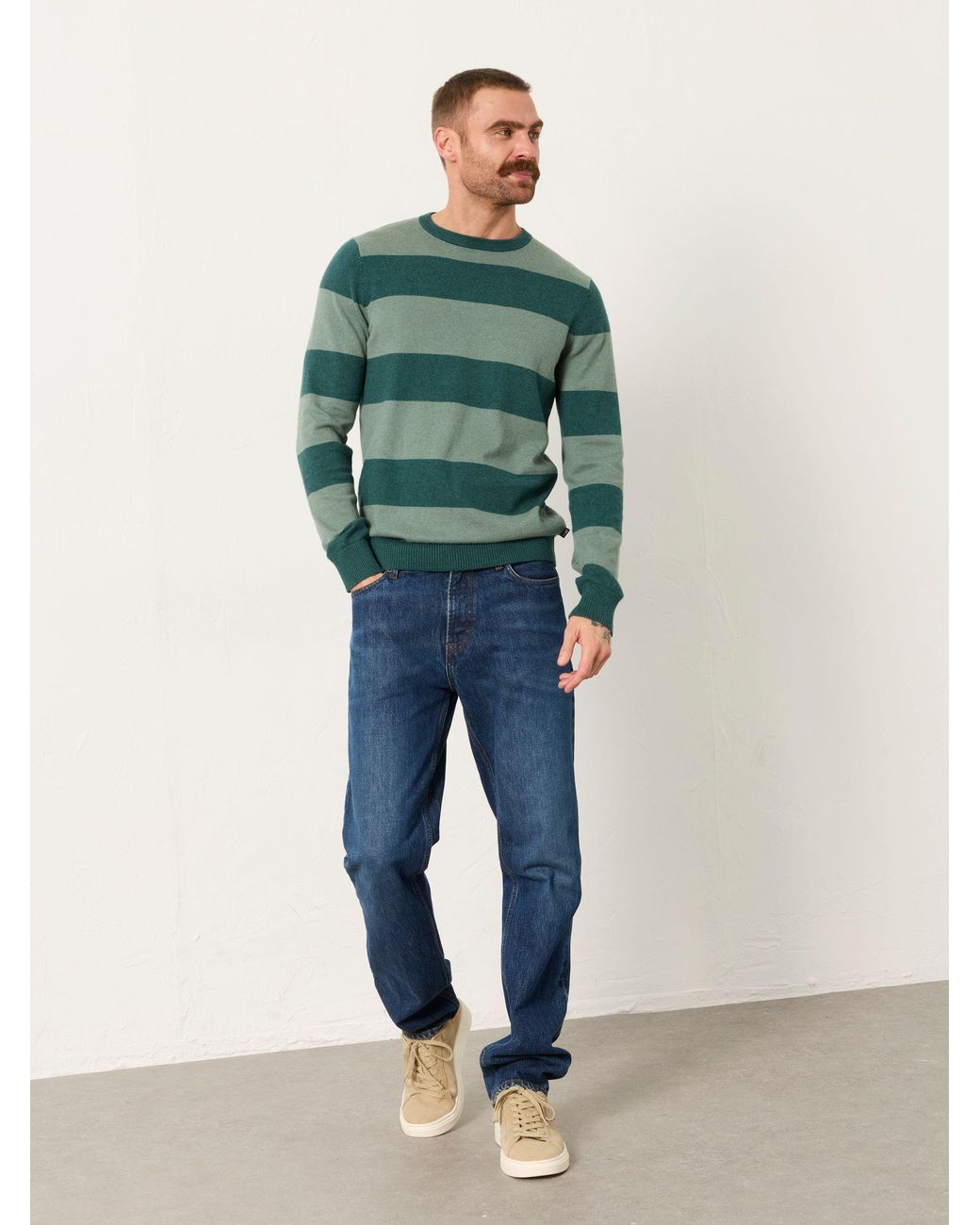 FatFace Green Rye Tonal Stripe Crew Jumper for men