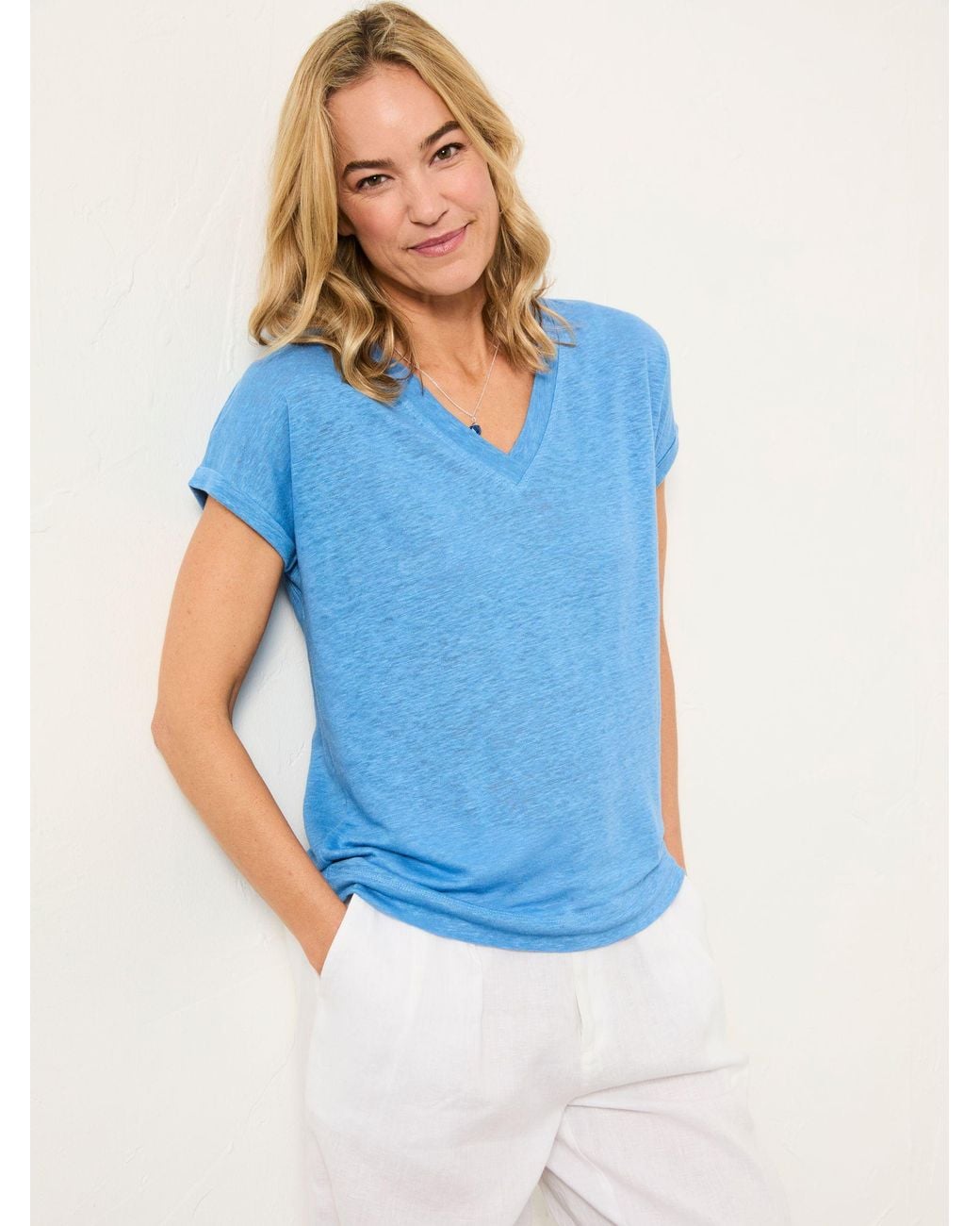 FatFace Blue Lauren 100% Linen V Neck T Shirt