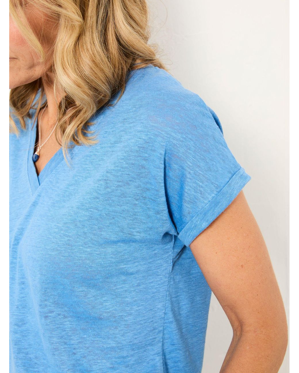 FatFace Blue Lauren 100% Linen V Neck T Shirt