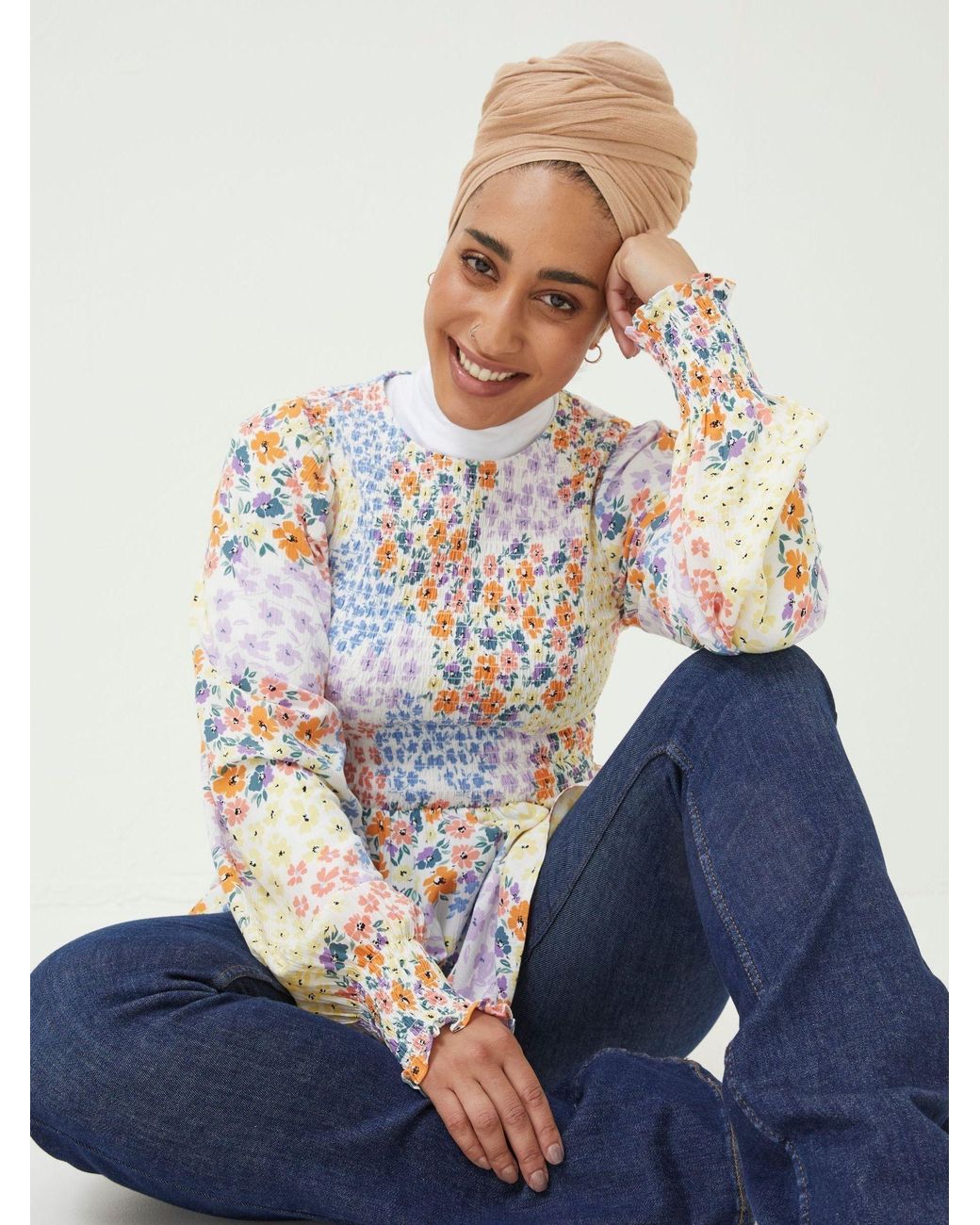FatFace White Fran Meadow Patch Shirred Top