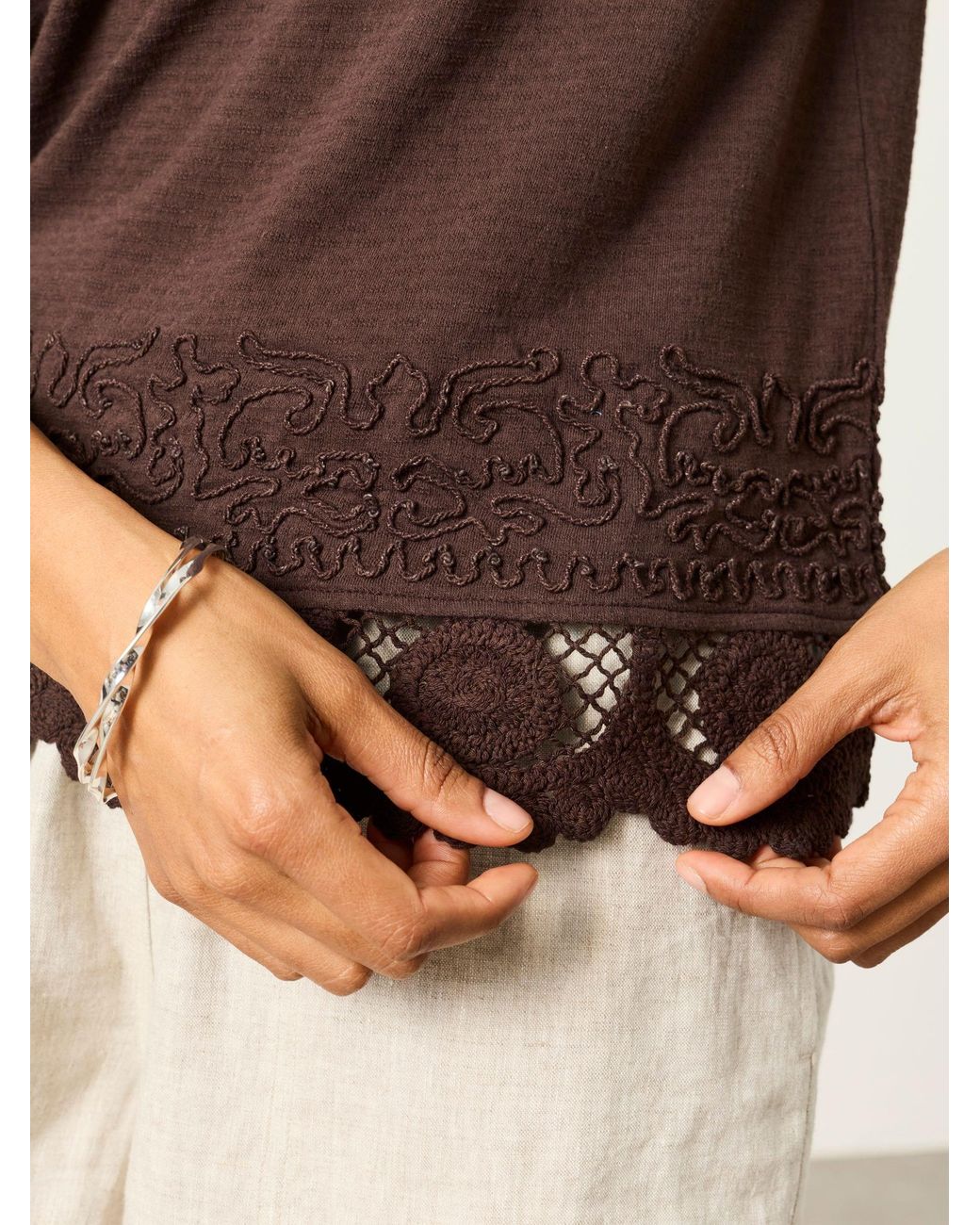 FatFace Brown Chloe Crochet Detail T-Shirt