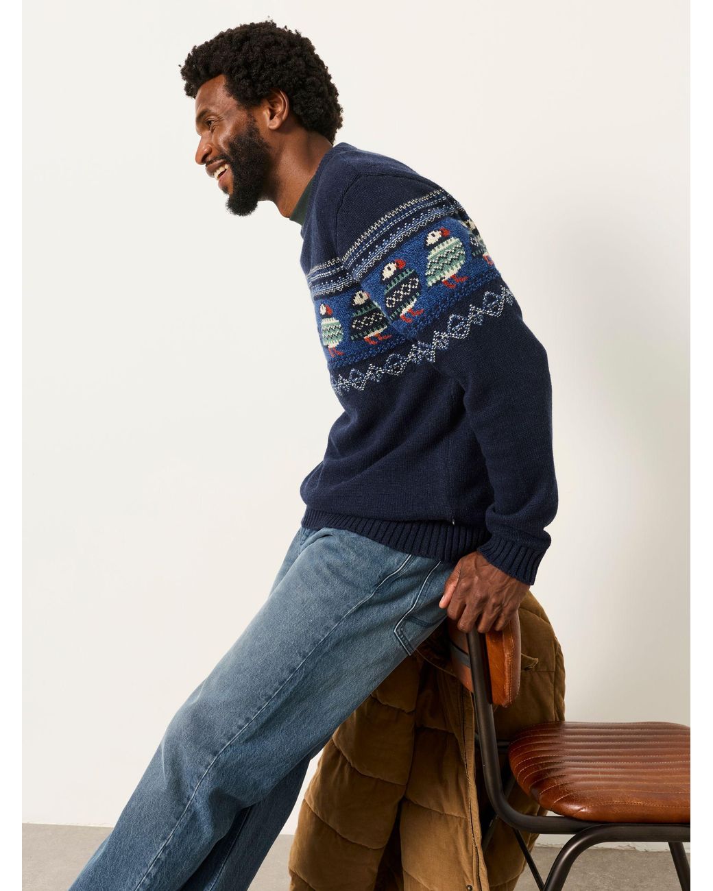 FatFace Blue Puffin Crew Neck Knitted Jumper for men